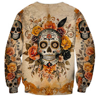 Beige unisex sweatshirt with large sugar skull and floral rose print, long sleeves