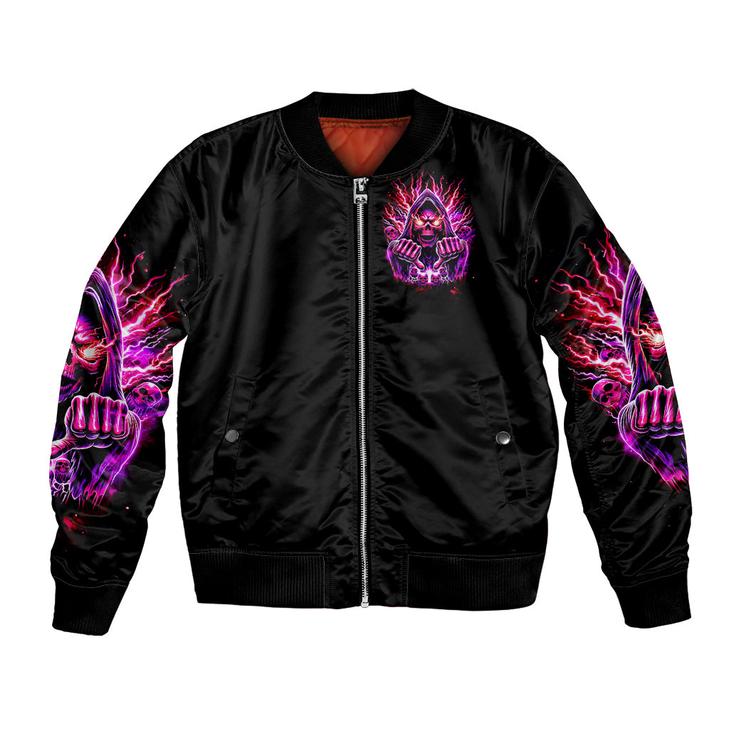 Black bomber jacket with neon skull chest graphic, zip-front and ribbed cuffs