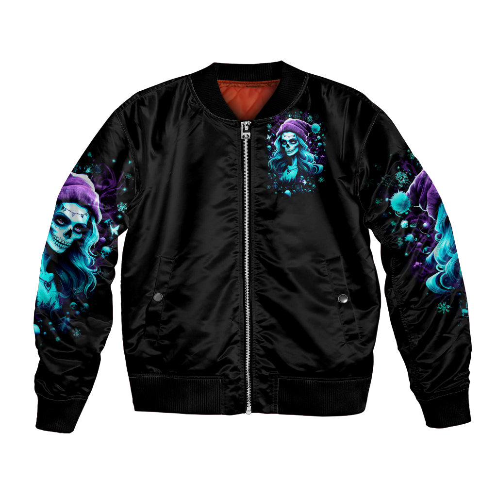 Christmas Skull Girl Bomber Jacket Warning This Tattooed Girl Does Not Play With Stupid People - Wonder Print Shop