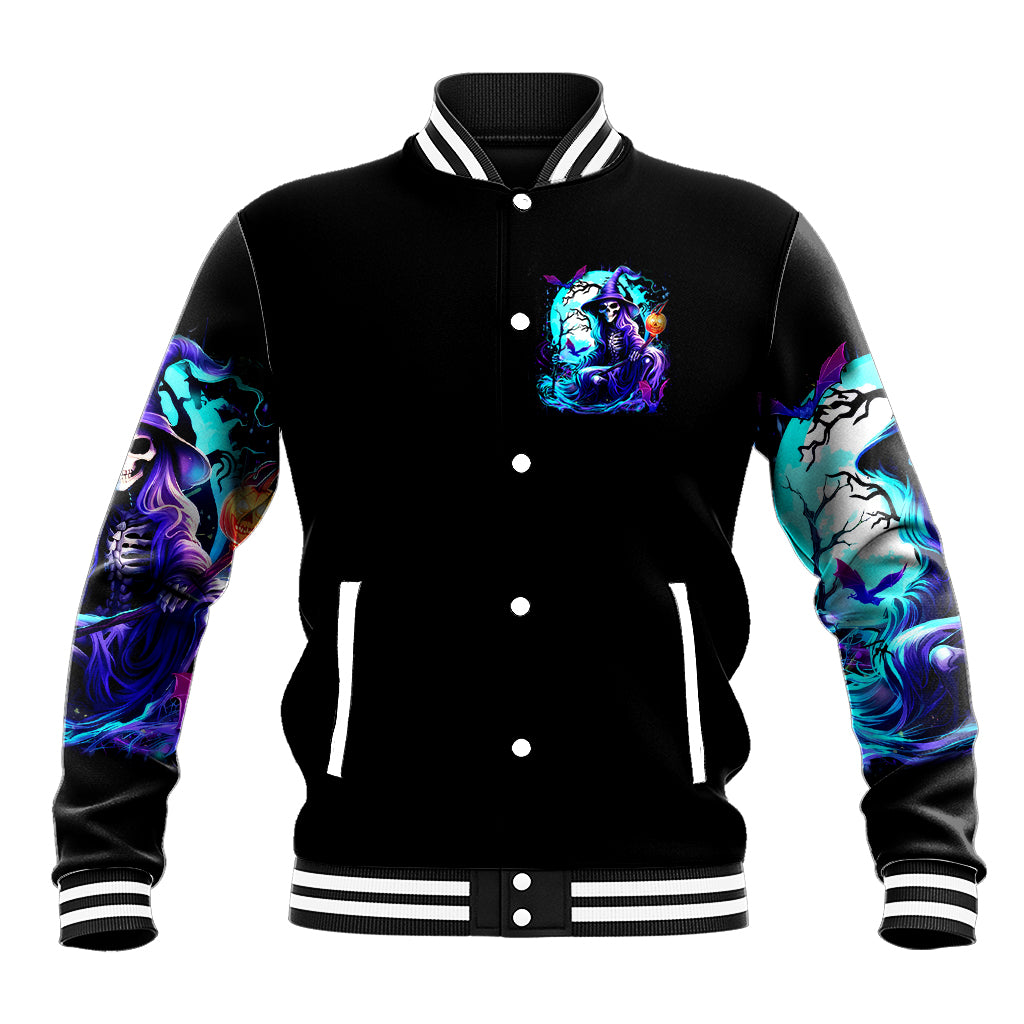 Black unisex baseball jacket with front witch skull graphic, button-up and striped ribbed cuffs