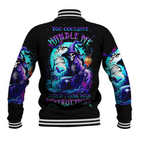 Black unisex baseball jacket with colorful witch skull back graphic and striped ribbed collar