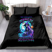 Black bedding set with blue witch skull and flame graphic, with matching pillows