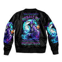 Black unisex bomber jacket with large witch skull graphic on back, ribbed cuffs and hem