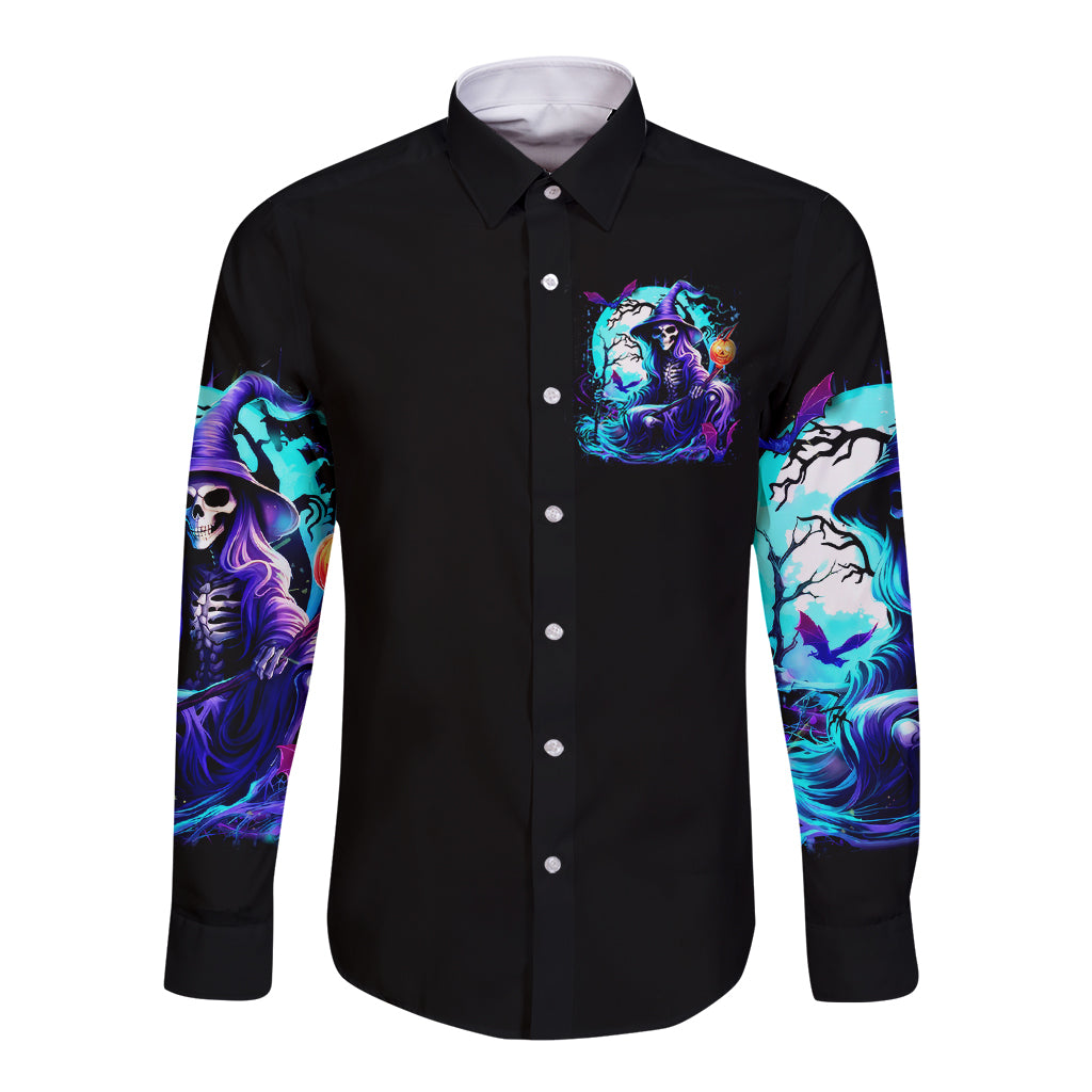 Black long-sleeve button shirt with witch skull graphic on chest and sleeves