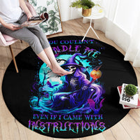 Black round carpet with purple-blue witch skull graphic and spell text