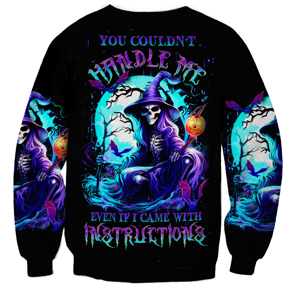 Black unisex sweatshirt with back witch skull graphic and purple-blue text