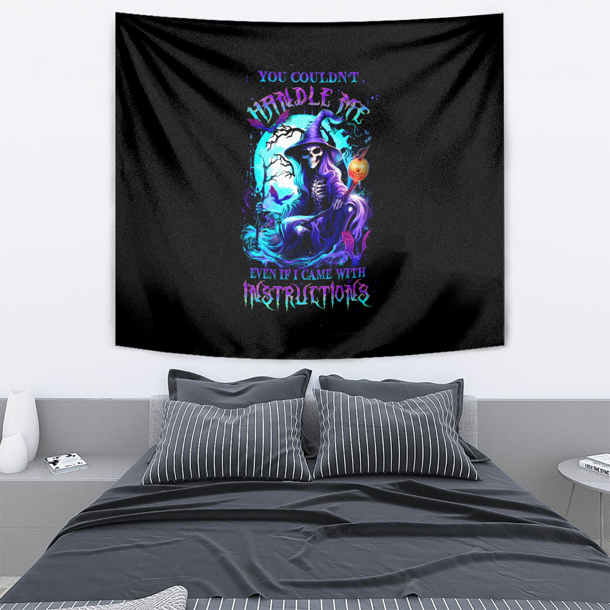Black witch skull tapestry with colorful ghostly portrait and glowing effects