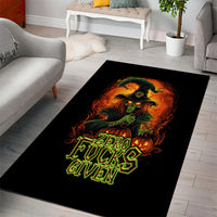 Black area rug with flaming skull graphic and neon green 'ZERO FUCKING GIVEN' text
