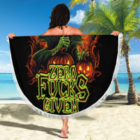 Round black beach blanket with witch skull graphic and "Zero Fucks Given" text, fringed edge