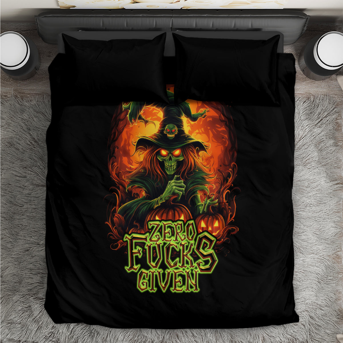 Black bedding set featuring a witch skull flame graphic on the duvet