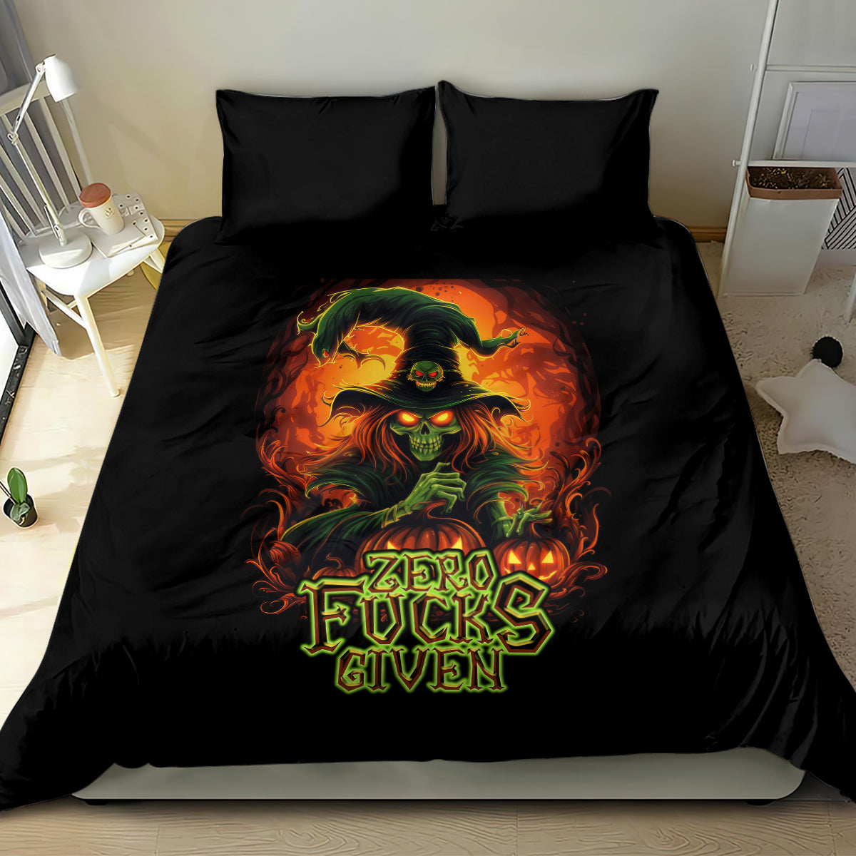 Black witch skull themed bedding set with duvet and two pillowcases
