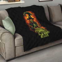 Black quilt over sofa with witch skull artwork and neon Zero Fucks Given text