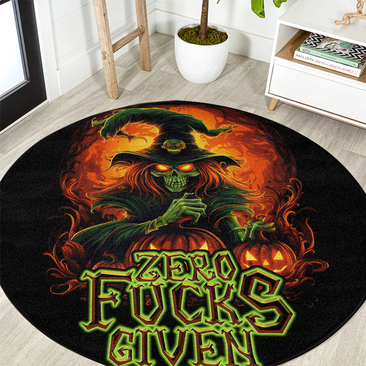 Round black area rug with large glowing skull graphic and "Zero Fucks Given" lettering