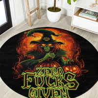 Round black area rug with large glowing skull graphic and "Zero Fucks Given" lettering