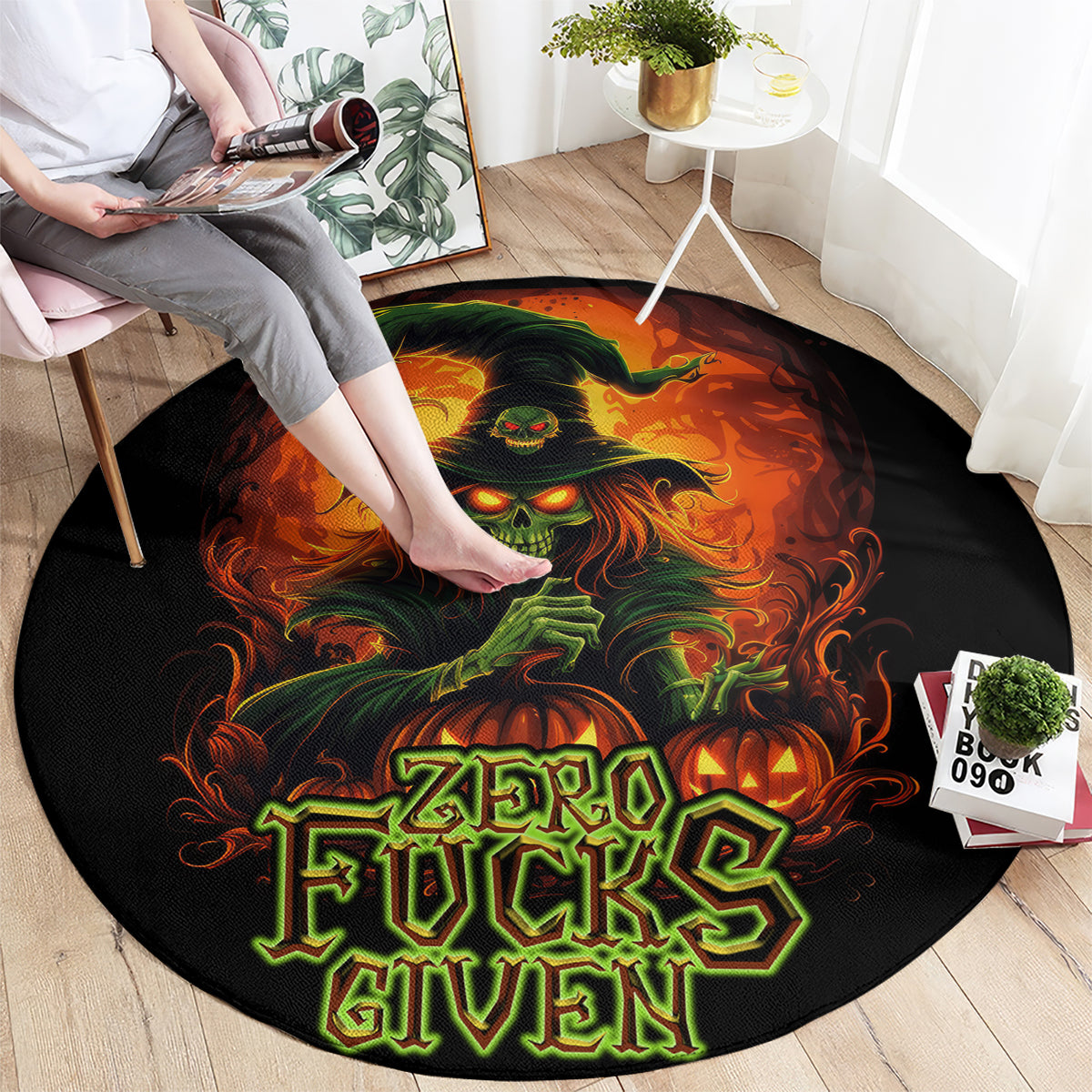 Round black area rug with fiery green skull and bold "Zero Fucks Given" text