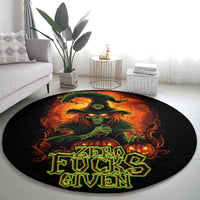 Round black area rug showing full skull artwork with "Zero Fucks Given" slogan