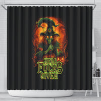 Black witch skull shower curtain with fiery green-orange skull and 'Zero Fucks Given' text