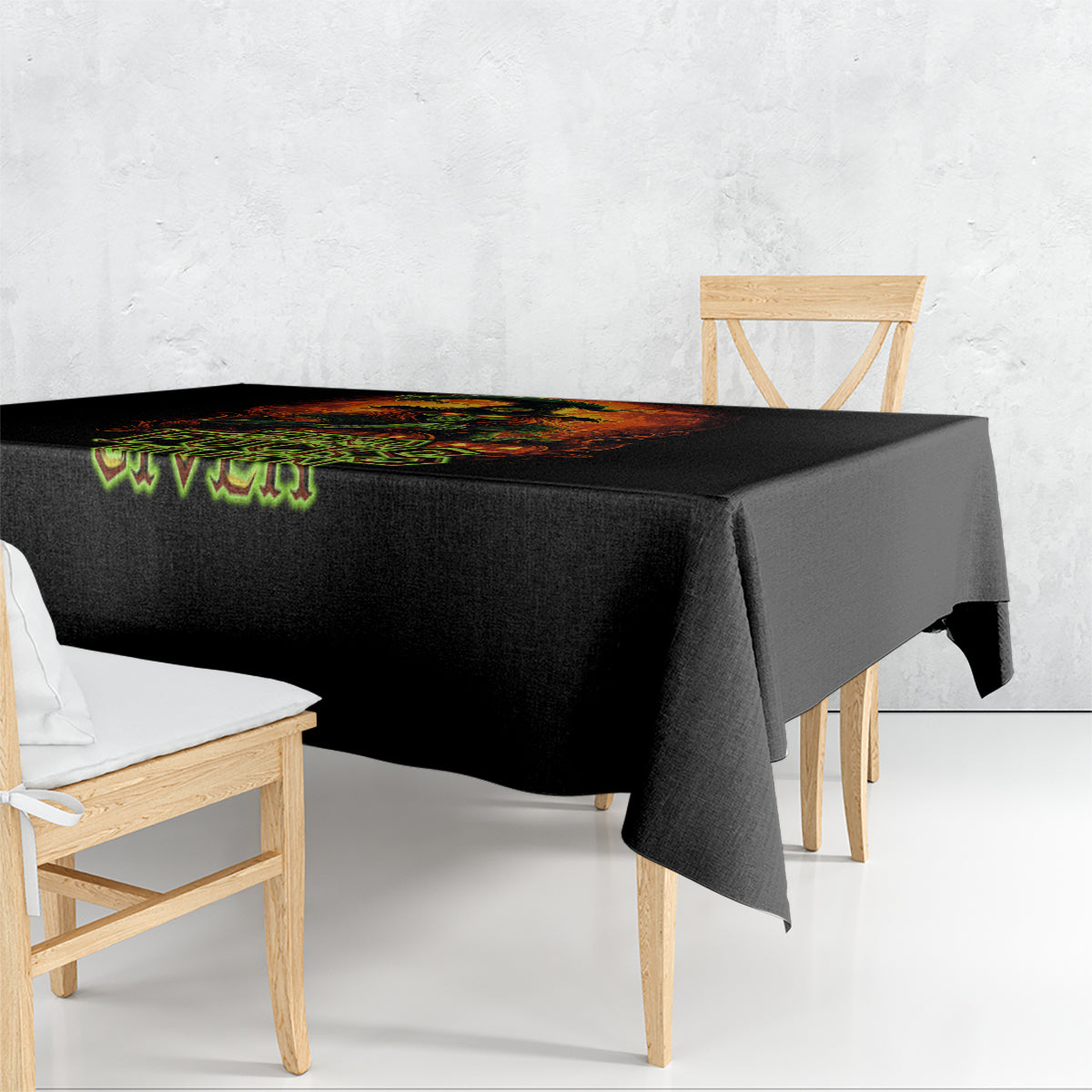 Black tablecloth with skull graphic and green “Zero F**ks Given” text