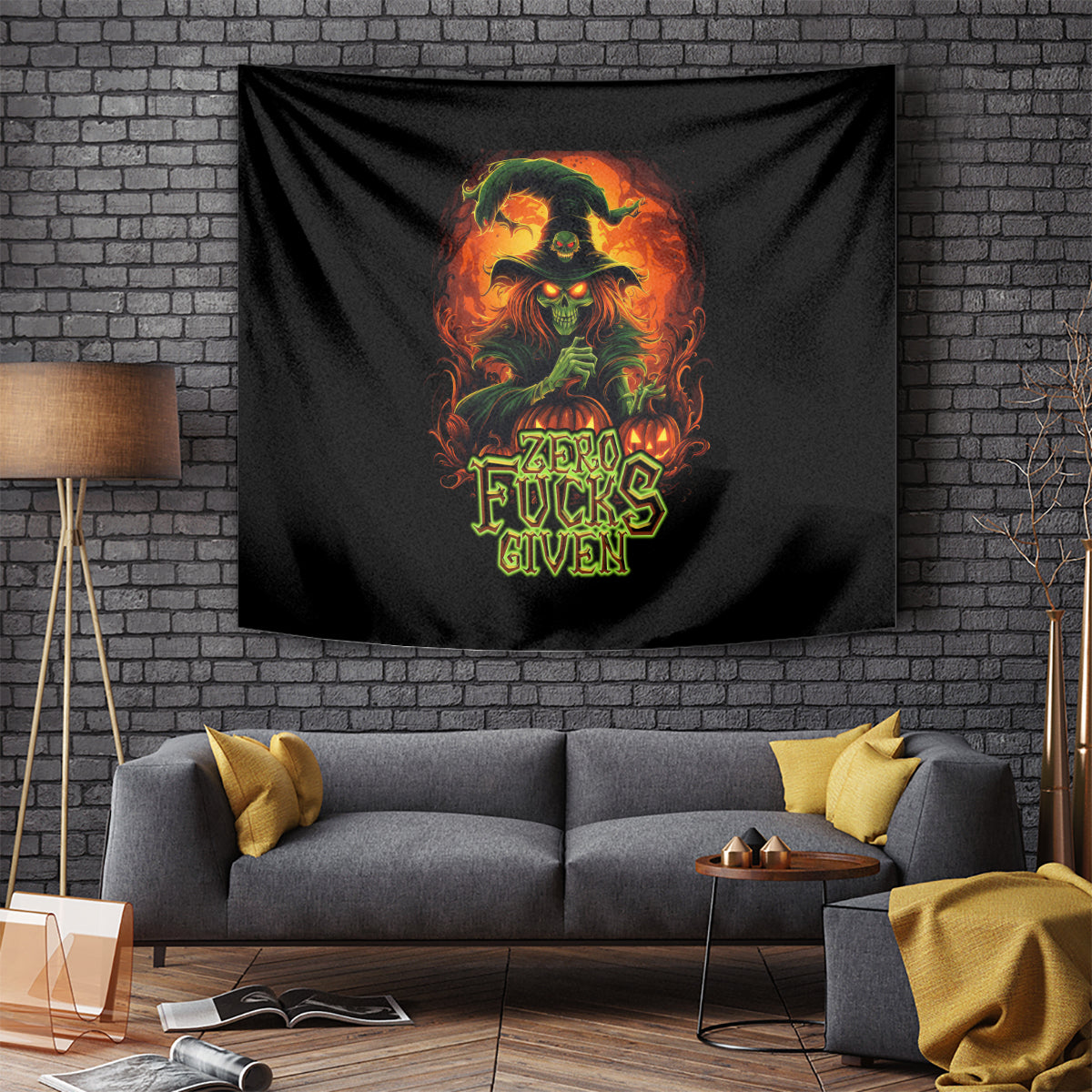 Black wall tapestry with burning skull graphic and “Zero Fucks Given” lettering