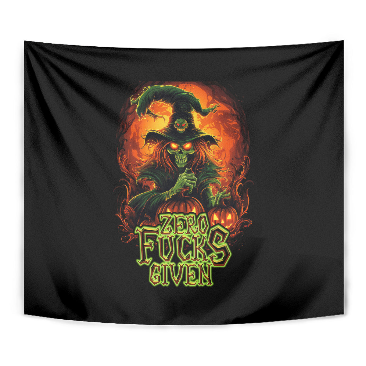 Black skull tapestry close-up with burning face and “Zero Fucks Given” slogan