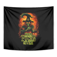 Black skull tapestry close-up with burning face and “Zero Fucks Given” slogan
