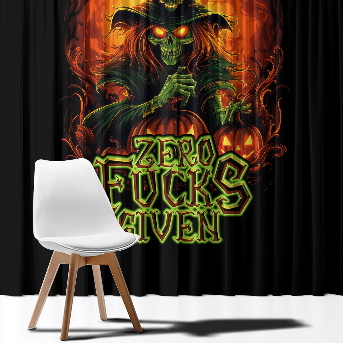 Black witch skull window curtain panel with neon "Zero Fucking Given" text