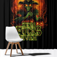 Black witch skull window curtain panel with neon "Zero Fucking Given" text