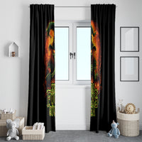 Black window curtain panels with witch skull print and neon "Zero Fucking Given"
