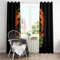 Black window curtain panels with top hooks and witch skull neon "Zero Fucking Given"