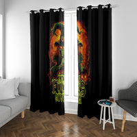Black curtain panels with witch skull artwork and neon "Zero Fucking Given" on window