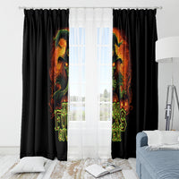 Black window curtain pair with witch skull neon "Zero Fucking Given" framing the window