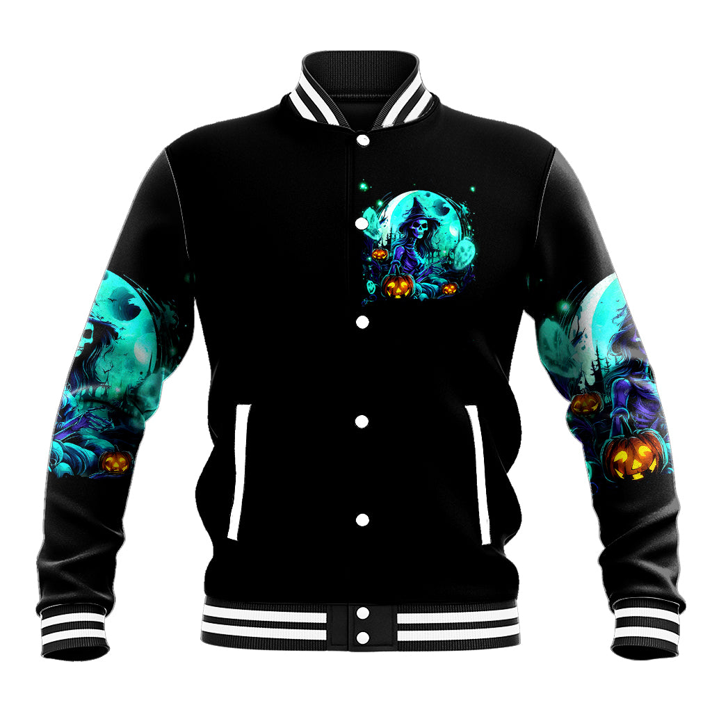 Black unisex varsity-style jacket with blue witch graphic, striped ribbed collar and cuffs