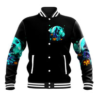 Black unisex varsity-style jacket with blue witch graphic, striped ribbed collar and cuffs