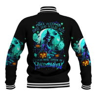Black unisex baseball jacket with blue witch skull graphic on back, striped cuffs