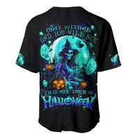 Black baseball jersey with glowing witch skull Halloween front graphic