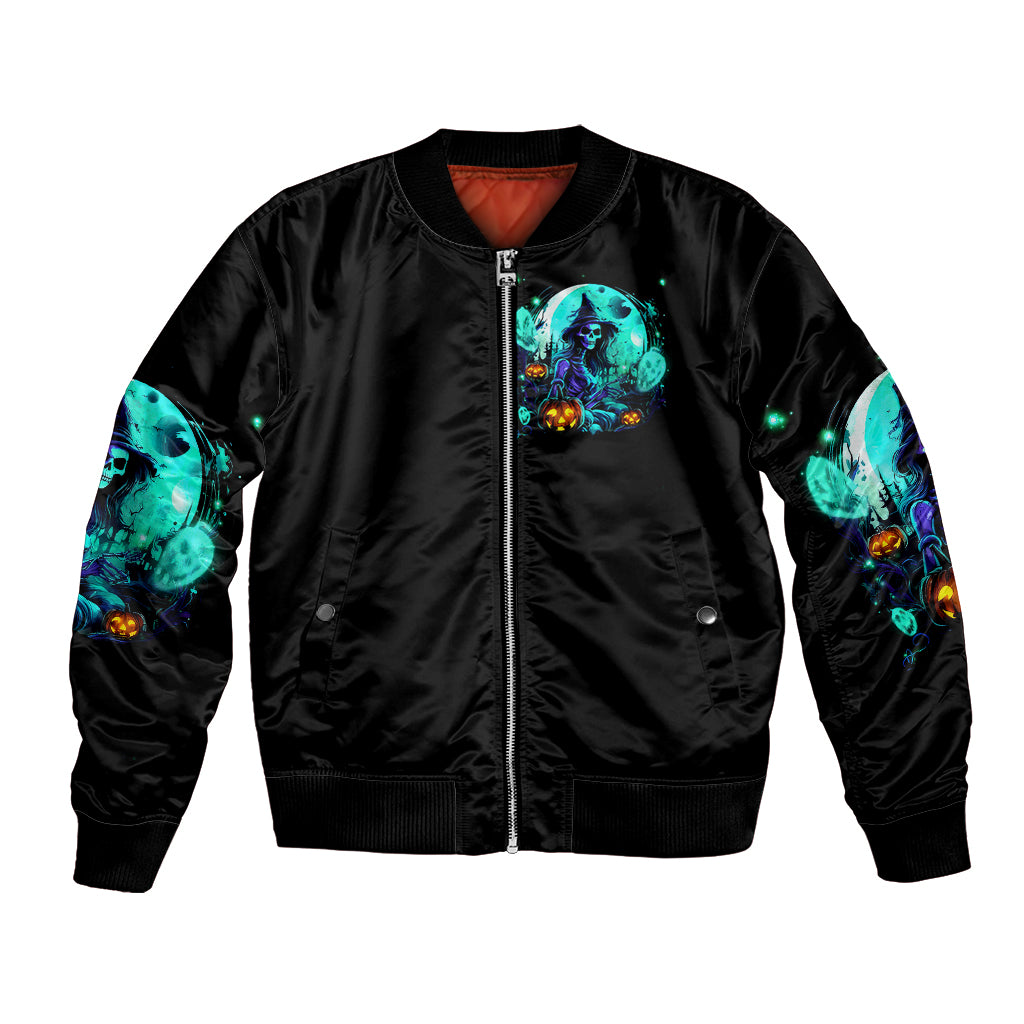 Black unisex bomber jacket with neon skull witch chest graphic