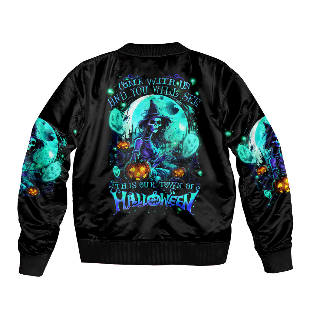 Black unisex bomber jacket with neon witch skull back graphic