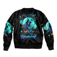Black unisex bomber jacket with neon witch skull back graphic