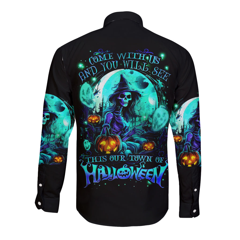 Black long-sleeve button shirt, back print of witch skull and Halloween town text