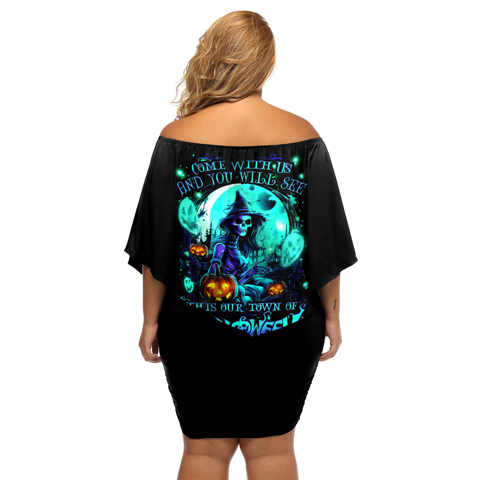 Witch Skull Off Shoulder Short Dress Come With Us And You Will See Our Halloween - Wonder Print Shop