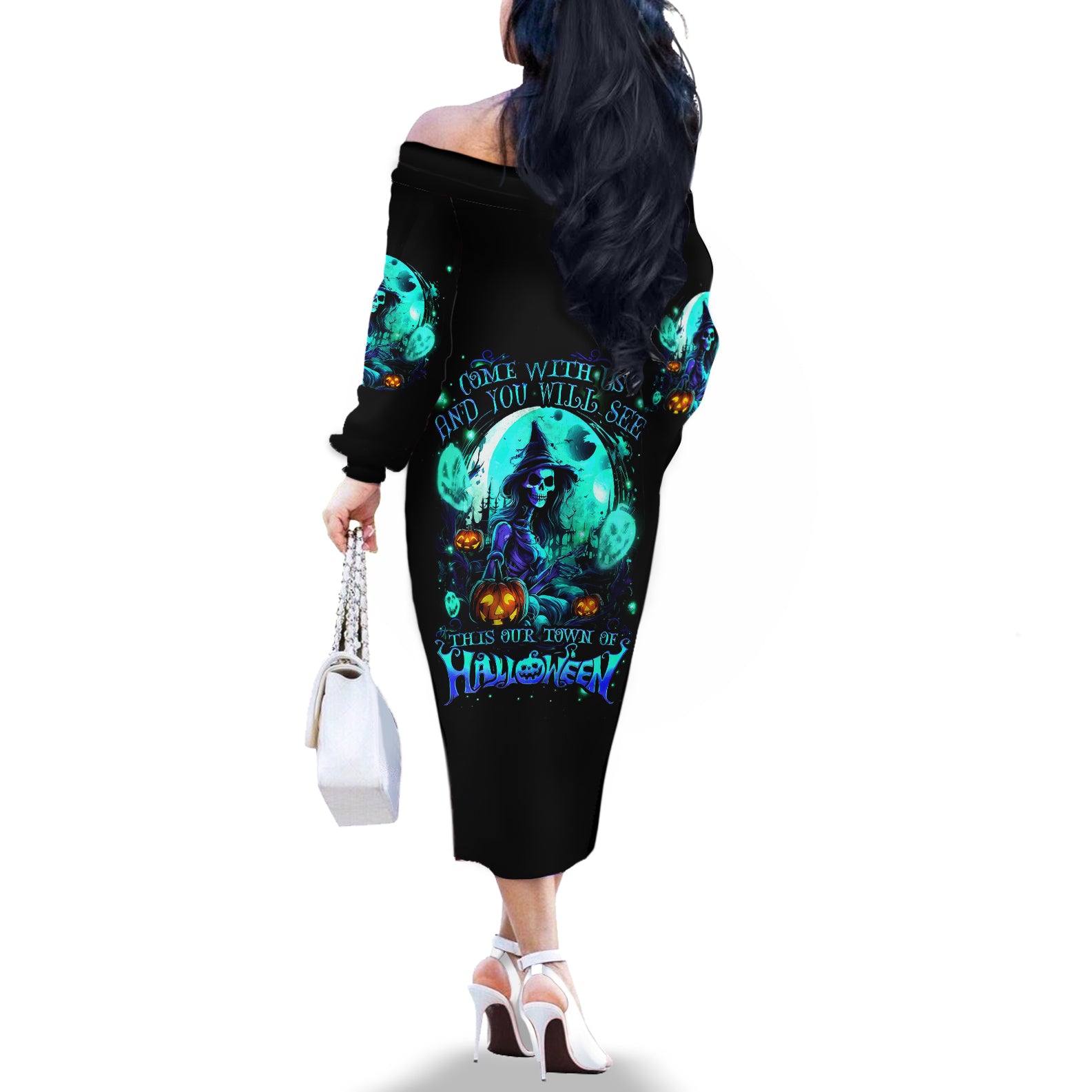 Witch Skull Off The Shoulder Long Sleeve Dress Come With Us And You Will See Our Halloween - Wonder Print Shop