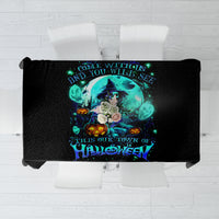 Black Halloween tablecloth with teal witch skull and bats graphic
