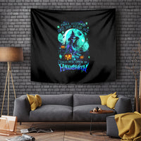Black wall tapestry featuring a witch skull with teal glow and “Halloween” lettering