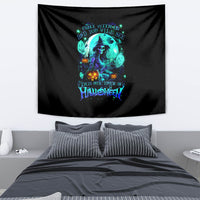 Black witch skull Halloween tapestry with teal glowing skull and festive lettering graphic