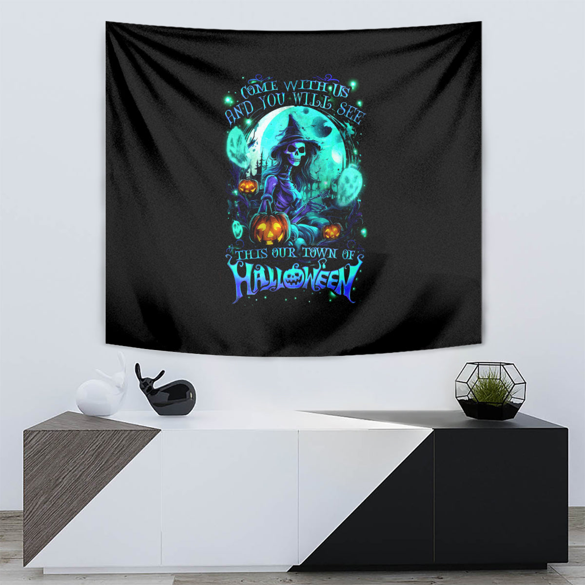Black witch skull tapestry with teal circular graphic and Halloween text design