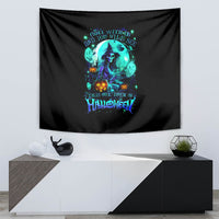 Black witch skull tapestry with teal circular graphic and Halloween text design