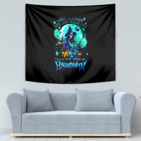 Black Halloween tapestry showing a teal glowing witch skull and spooky lettering