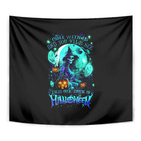 Black tapestry close-up of teal witch skull artwork with Halloween title lettering