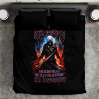 Black duvet bedding set with warrior skull graphic and red-blue flames, two matching pillows