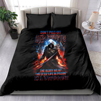 Black duvet cover bedding set with warrior skull graphic and red-blue flames, set with pillows